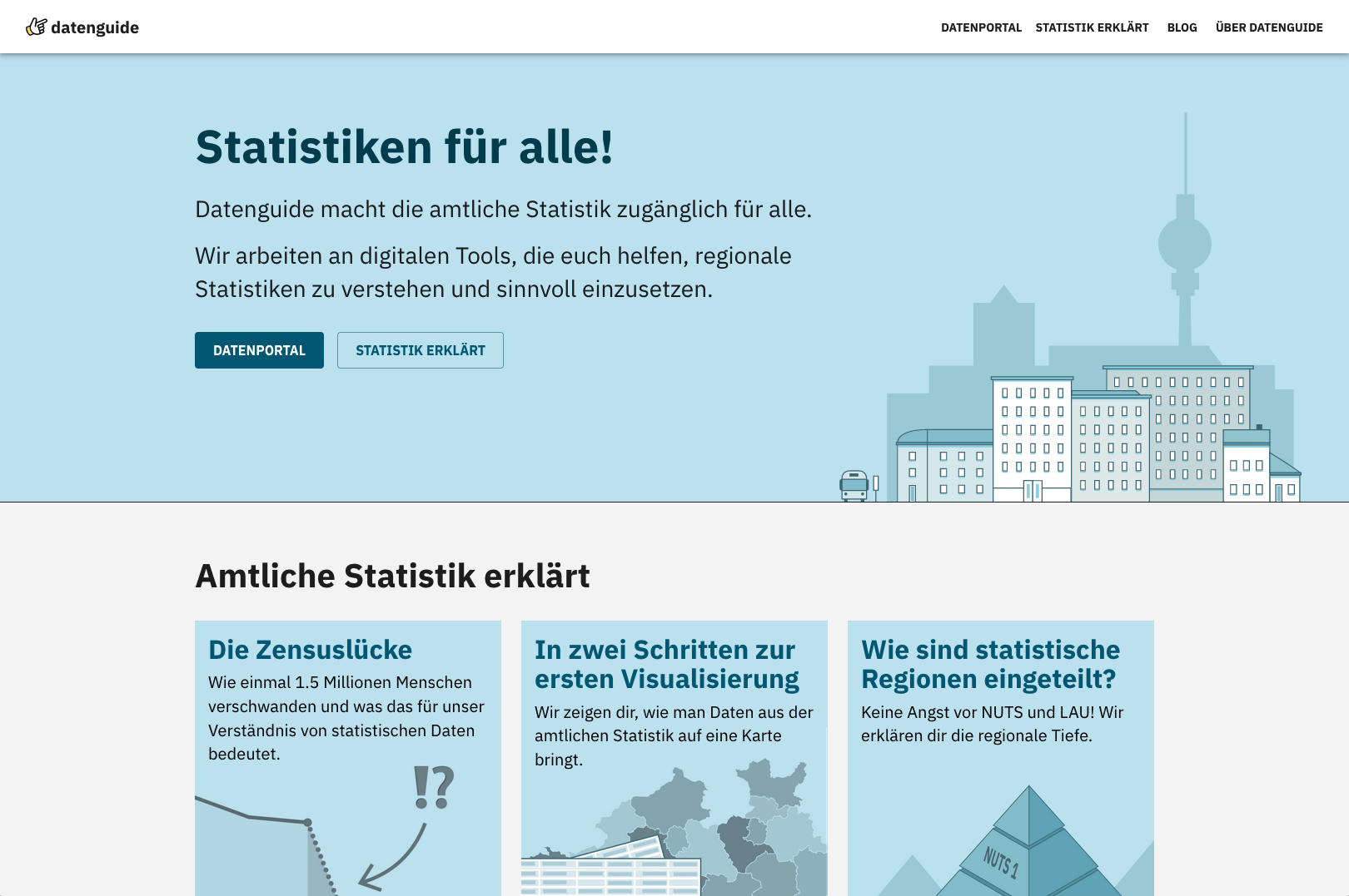 Screenshot from Datenguide homepage, showing teasers for multiple articles about public statistics